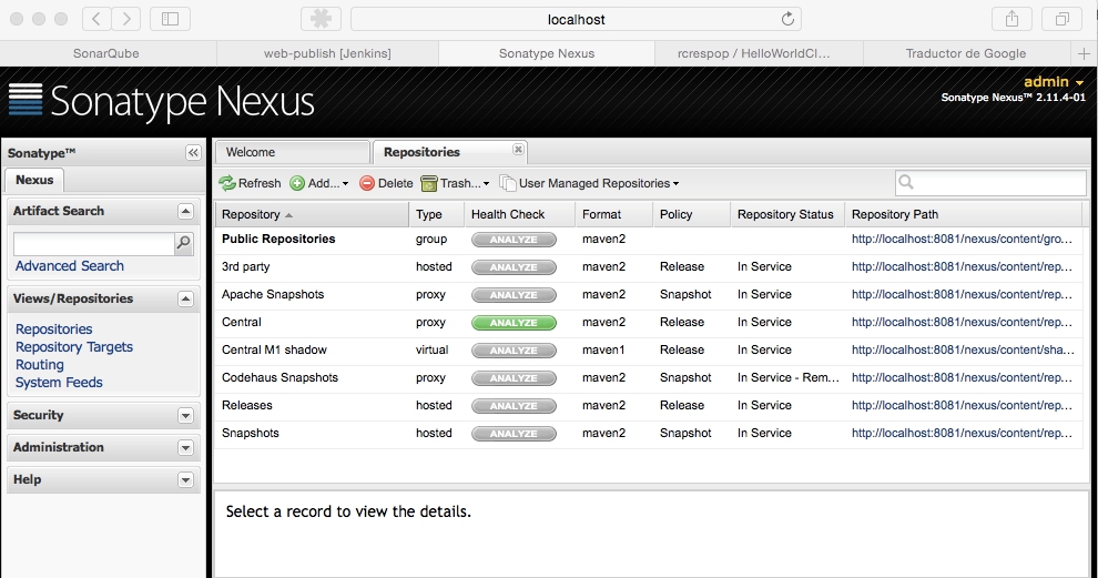 Pantalla en el navegador de Nexus OSS